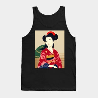 Ukiyo-e Japanese Art - Beautiful Woman Wearing a Red Kimono Tank Top